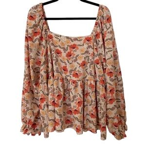 SHEIN Plus Floral Print Lantern Sleeve Peplum Hem Blouse Size 2X